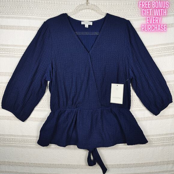 Calligraphie Navy Blue Tie Back Peplum Blouse Long Sleeve Size L NWT - Picture 1 of 8